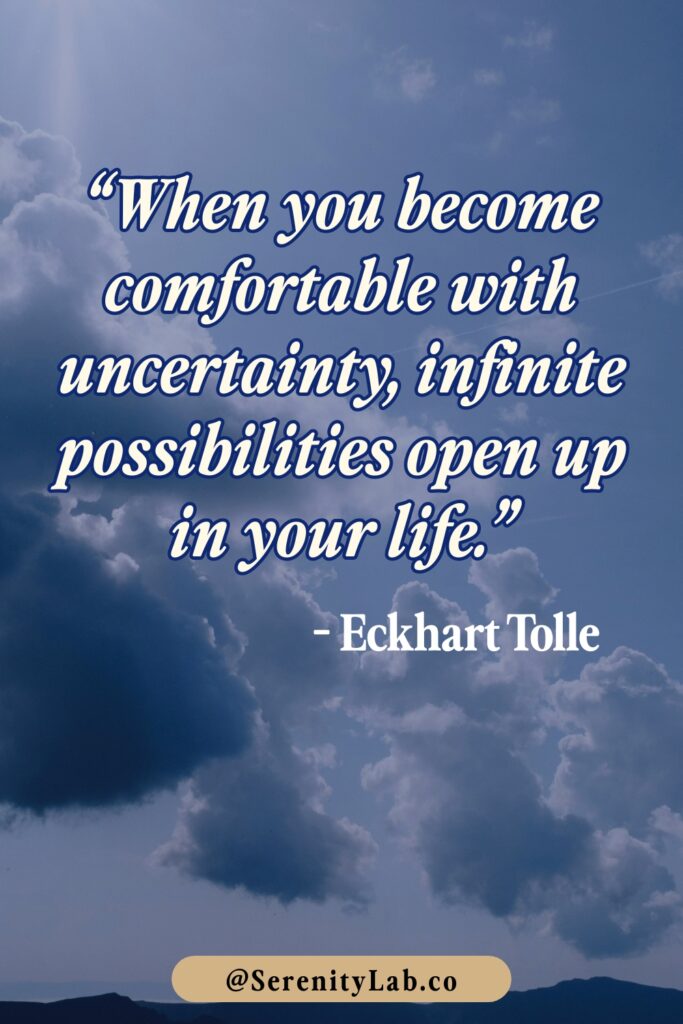 Dramatic blue sky with sunlight breaking through clouds over mountain silhouettes, displaying "When you become comfortable with uncertainty, infinite possibilities open up in your life." – Eckhart Tolle.