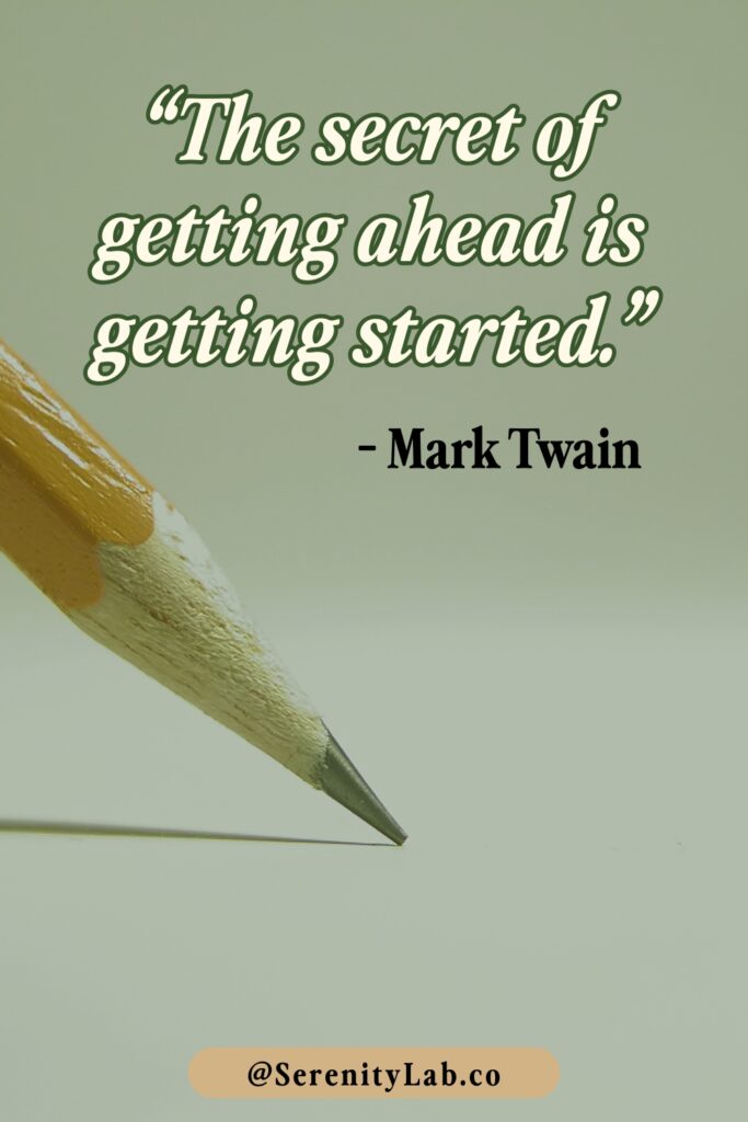Close-up of a sharpened yellow pencil tip against a sage green background, displaying "The secret of getting ahead is getting started." – Mark Twain.